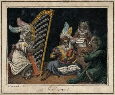 Four monkeys dressed as musicians giving a concert