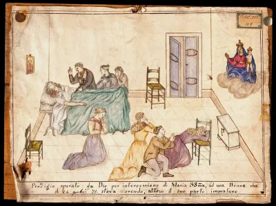 Four people praying to Sansovino's Virgin and Child for a woman in premature childbirth