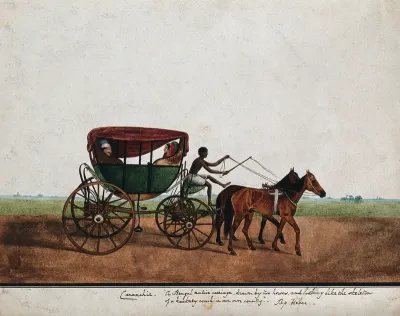 Four people travelling in a carriage drawn by two horses
