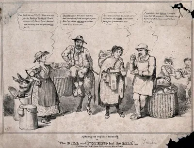 Four people with a donkey and baskets of goods are standing around talking, two children are stealing bread from one of the baskets