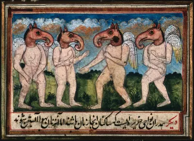 Four pink mythical beasts, composites of human bodies with wings, horses' heads and elephants' trunks