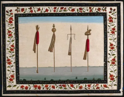 Four poles and spears decorated with the hand of Fatima, scarves and other items