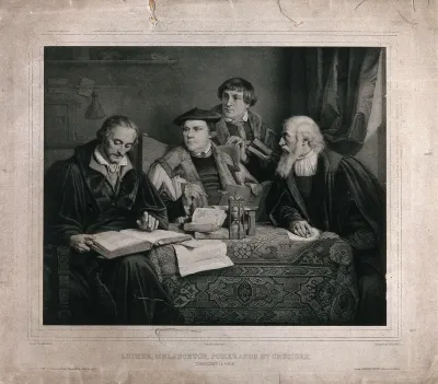 Four Protestant reformers translating the Bible