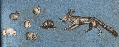 Four rabbits, a hedgehog (?) and two foxes