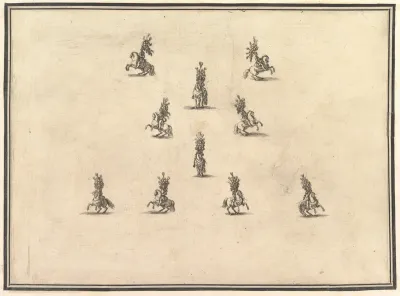 Four riders in a row at bottom, five riders forming a V above and another rider in the center, from "La Gara delle Stagioni"