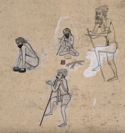 Four sadhus (Hindu ascetics) performing rituals and austerities