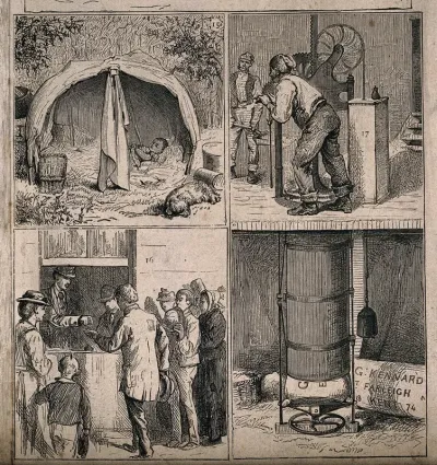 Four scenes of hops being packed and workers being paid