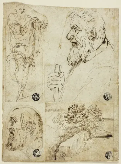 Four Sketches: Standing Male Figure; Profile Bust of Bearded Man; Profile Head of Bearded Man; Landscape