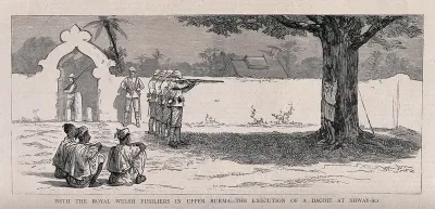 Four soldiers of the Royal Welsh Fusiliers executing a robber (dacoit) by firing squad; three Burmese men seated in the foreground, watching the scene