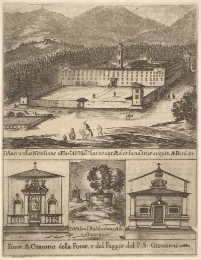 Four views: at top, a view of the new monastery of Vallombrosa, at bottom left and right, a view of a chapel, at bottom center, the tree of St. John Gualbert, from "Frontispiece and four scenes from the life of Saint John Gualbert" (Frontispice et qu