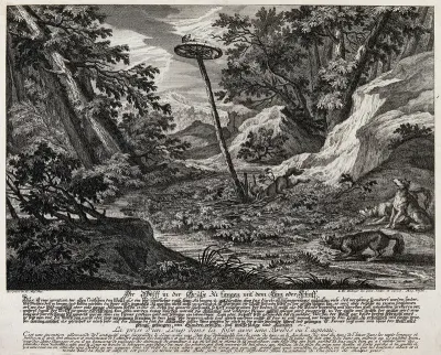Four wolves in a gorge in the forest with a pit-trap: one wolf is about to fall into the pit while the other three are watching the bait, a sheep, deposited on a wheel above the trap
