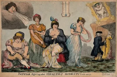 Four women in a room being blown by the north wind: another is leading a man with a cane out of the door