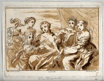 Four women representing the arts of abundance, music, poetry and painting with a boy displaying a sheet of paper to them