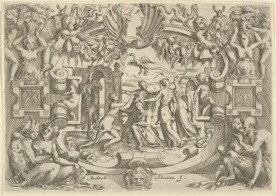Four women surrounding a seated figure, a bird above them, set within an elaborate frame