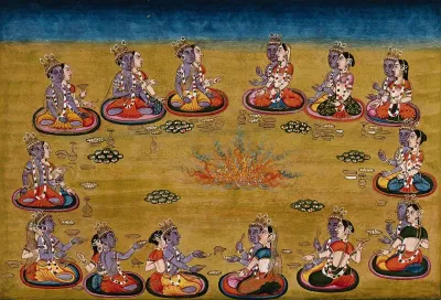 Fourteen couples with sacrificial vessels perform a yagna, a fire sacrifice, an old vedic ritual where offerings are made to the god of fire, Agni