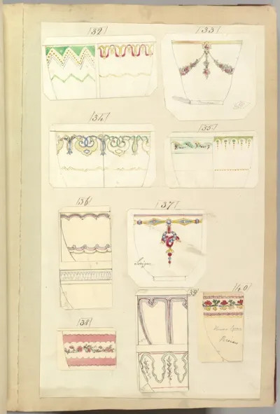 Fourteen Designs for Decorated Cups, including "Camden", Sevigne" and "Persian" Patterns