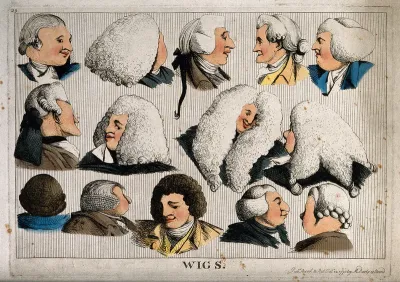 Fourteen heads showing different types of wigs