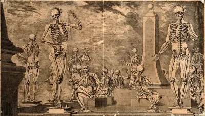 Fourteen human skeletons performing activities symbolic of life and death