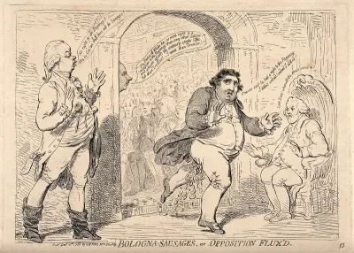 Fox running out of the House of Commons in the middle of a debate with William Pitt the younger about the Regency crisis: he is excreting as he runs, which refers to a bout of dysentery he caught on route from Bologna