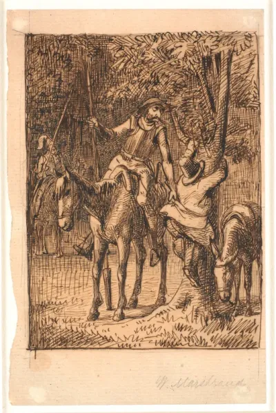 Før kampen med spejlridderen hjælper Don Quixote Sancho Pansa op i et træ