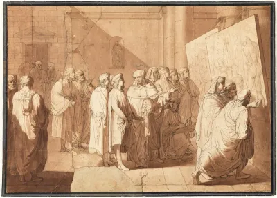 Fra Bartolommeo præsenterer Rafael for Leonardos og Michelangelos kartoner