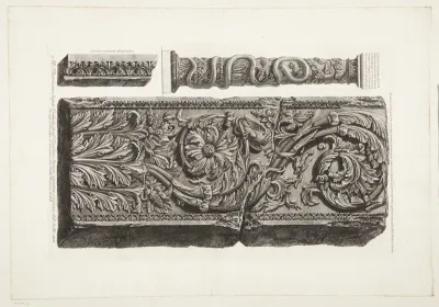 Fragment af en ornamenteret pilaster samt en søjle fundet på Tiber-øen