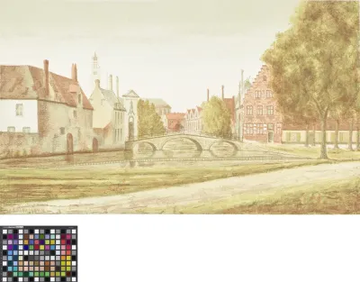 Fragment of a calendar for 1893 with view of the bridge over the 'Bakkersrei' to the beguinage in Bruges, also called 'Begijnhofbrug' or 'Wijngaardbrug'