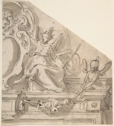 Fragment of a Design for an Overdoor with Seated Angel Supporting Cartouche, and Seated Putto Holding Garland (recto); Fragments of a Cartouche? (verso)