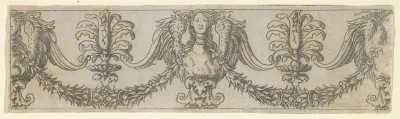 Fragment of a horizontal frieze with female bust in the center, garlands, anthemia, cut from a plate of border segments