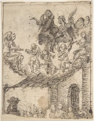 Fragment of Nativity Scene with Music-Making Angels on Clouds Above