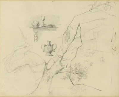 Fragment van een boom, stilleven op een barokke tafel, kruik en figuren (verso)