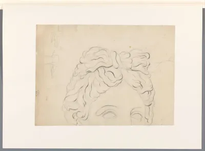 Fragment van een grote tekening van een klassieke kop en een schetsje van vee