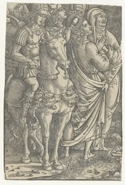 Fragment van een Kruisiging met Johannes de Evangelist en Maria en soldaten