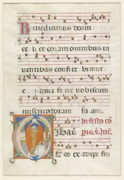 Fragment van een missaal: initiaal O met het celebreren van de mis
