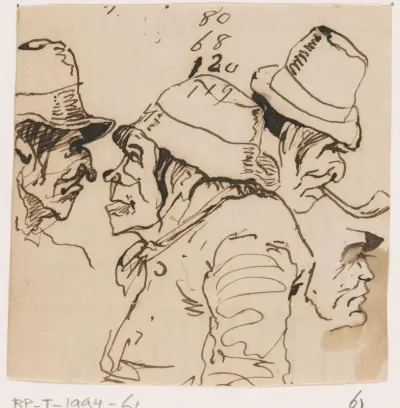 Fragment van een schetsblad met vier karikaturale manskoppen