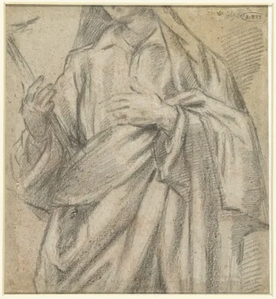 Fragment van een staande mannenfiguur met crucifix