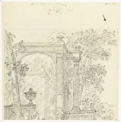 Fragment van een tuingezicht met architectuur en figuren