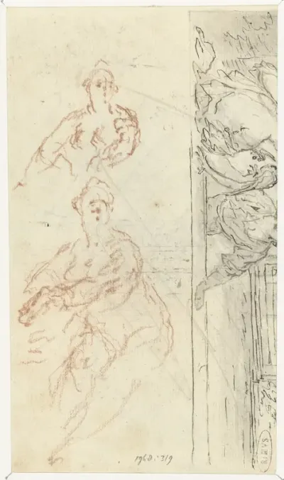 Fragment van een tuinlandschap met figuren en twee studies van een vrouw