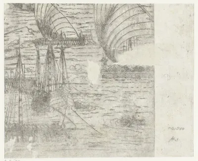 Fragment van voorstelling met enkele galeien en boten op zee