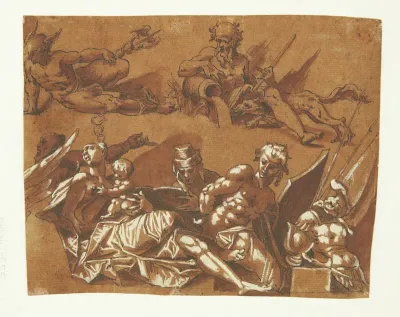 Fragmentarisk blad med elementer fra en loftsdekoration. F.o.: Merkur og Pluto. F.n.: kvinde med barn, en læsende mand og en bagbunden slave(?) og en rustning.