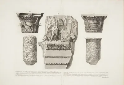 Fragmenter af arkitrav, søjler og kapitæler i marmor, fra S. Bartolomeo all'Isola, Palazzo Capizucchi mm.