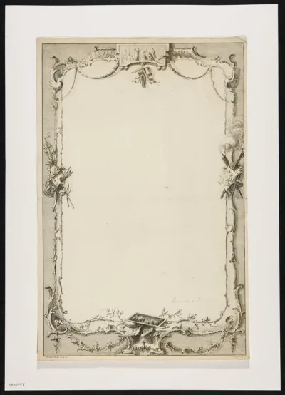 Frame with rocailles, garlands and attributes of the arts