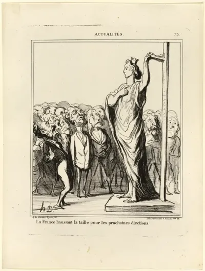 France preparing to get her candidates to pass muster under the measure of standards, plate 73 from Actualités