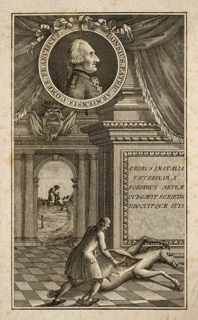 Francesco Bonsi: above, his portrait in a roundel; below, a horse-rider, and Bonsi dissecting the cadaver of a horse