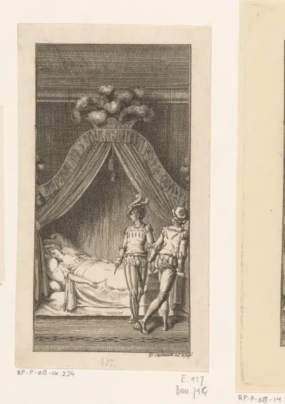 Francesco en Marco naast het bed van de zojuist vermoorde Kassandra