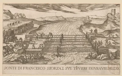 Francesco Sforza steekt de rivier de Tiber over