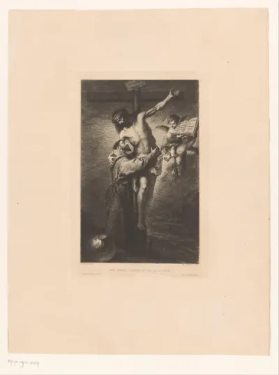 Franciscus van Assisi aan de voet van het kruis, helpt Christus naar beneden