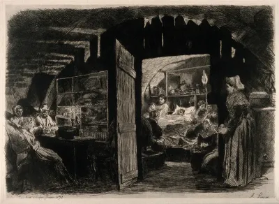 Franco-Prussian War: a family keeping vigil around a patient's bed while other soldiers convalesce in another room