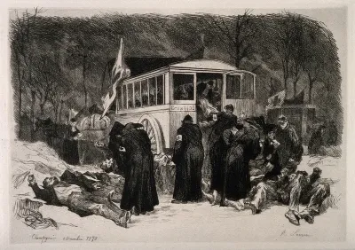 Franco-Prussian War: ambulancemen collecting the wounded and dead at Champigné