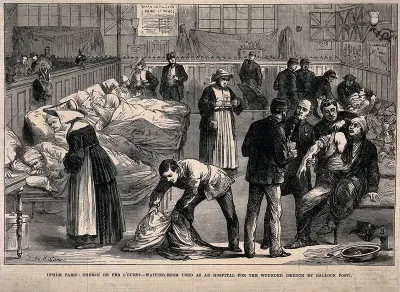 Franco-Prussian War: showing a waiting room at Chemin de Fer l'Ouest used as a hospital